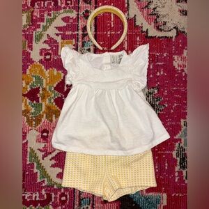 Joie White Ruffled Top and Yellow Checkered Shorts Set with Headband 24M